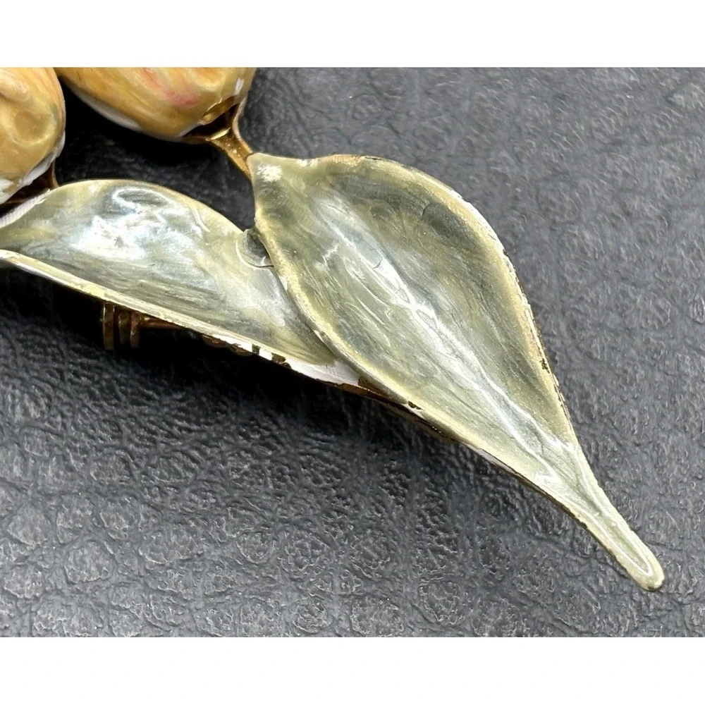 Vintage Enamel Tulip Flower Bouquet Brooch Pin Gold Tone